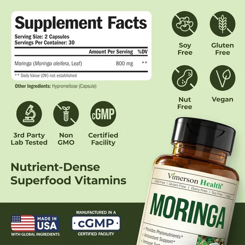 Vista 3 de Cápsulas de moringa con polvo de moringa 100% puro para energía equilibrada, metabolismo saludable, antioxidante y apoyo inmunológico. Vitaminas