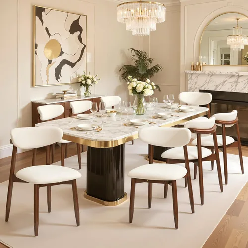 Vista 24 de CHUN YI Juego de 2 sillas de comedor tapizadas de madera maciza, sillas auxiliares de cocina de tela moderna de mediados de siglo con respaldo Beige