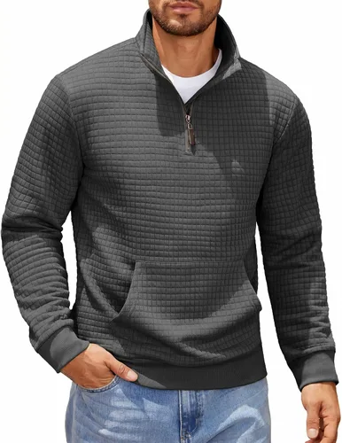 Vista 13 de COOFANDY - Sudadera con capucha para hombre, manga larga, con cremallera de un cuarto, estilo sarga casual, con bolsillo Verde militar