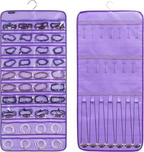 Vista 8 de Organizador de joyas colgante de doble cara con 40 bolsillos y 20 bucles de gancho, organizador de joyas para aretes, pulseras, anillos con colgador
