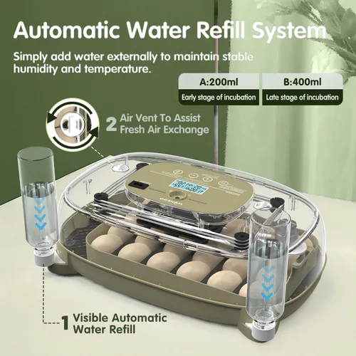 Vista 4 de HOWOOlUA Incubadora de huevos para incubar huevos con giro automático, control de temperatura y humedad, incubadora de huevos integrada de gran 24