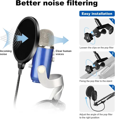 Vista 3 de Filtro pop profesional para micrófono, máscara protectora para Blue Yeti y cualquier otro micrófono, pantalla pop de viento de doble capa con clip