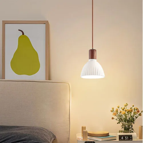 Vista 2 de White Ceramic Lampshade Pendant Light Height Adjustable Hanging Light Fixture Modern Vintage Wood Pendant Lamp for Kitchen Island Dining Room