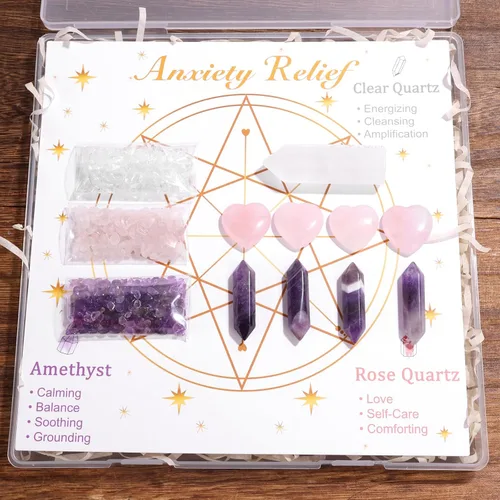 Vista 5 de Raicegs Rejilla de cristal para aliviar la ansiedad, juego de cristales curativos y piedras, amatista, cuarzo rosa, cuarzo transparente, regalo