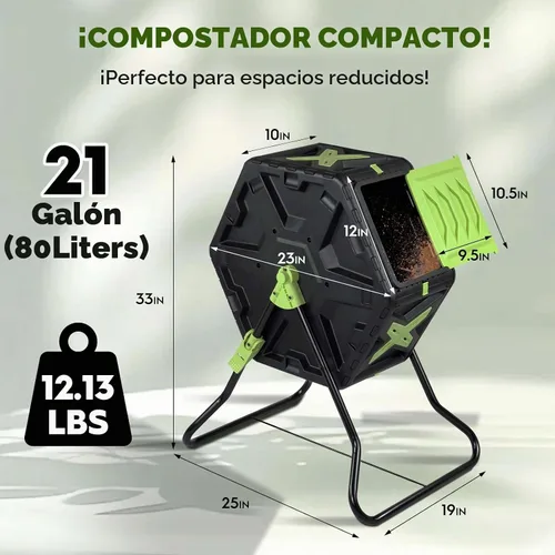 Vista 7 de Contenedor de compostaje pequeño de 21 galones, para exteriores, compacto, con cámara giratoria única, con puerta corredera y marco de acero