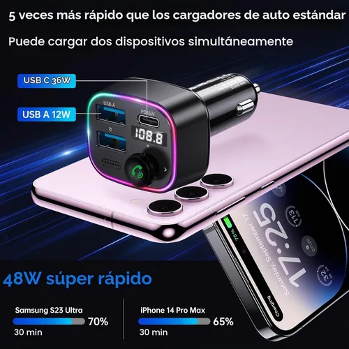 Vista 7 de Syncwire Bluetooth 5.4 Transmisor FM Adaptador de coche 48W (PD 36W y 12W) [Interruptor de luz] [Sonido de bajo HiFi] [Carga rápida] Adaptador