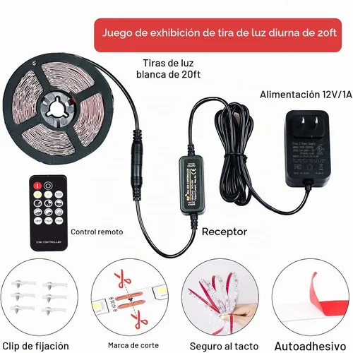 Vista 5 de Tira de luces LED blancas de 20 pies con control remoto, tira de luz LED regulable de 6500 K de 12 V, 360 luces LED flexibles para dormitorio