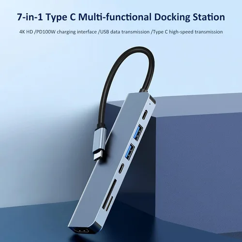 Vista 2 de Hub USB-C 7 en 1, adaptador multipuerto USB-C a HDMI con lector de tarjetas SD/MicroSD para iPhone/iPad, compatible con iPhone 15/16/17, MacBook
