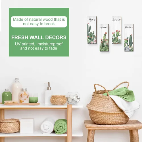 Vista 6 de Amyhill 4 piezas de decoración de pared de cactus Relax Soak Unwind Breathe - Decoración de pared de cactus de madera para colgar en la pared