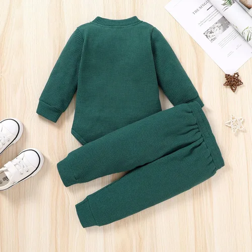 Vista 2 de Conjunto de mameluco de manga larga con botones para recién nacido, niño y niña, conjunto unisex de gofres, Verde oscuro