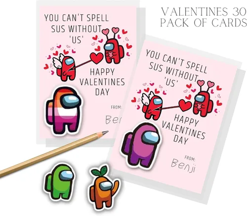 Vista 2 de Lashicorn A mong Us - Paquete de 30 tarjetas de San Valentín Día de San Valentín Ideal para combinar con mini figuras de Among Us Diseño Sus