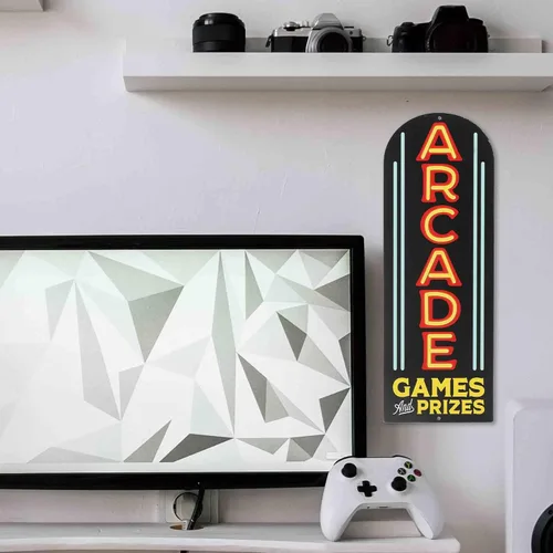 Vista 5 de Cartel de metal arqueado de juegos y premios de arcade – Cartel arcade vintage para sala de juegos, cueva de hombre o habitación de adolescentes