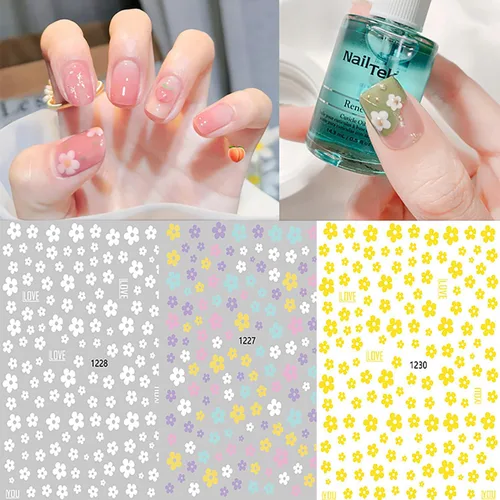Vista 2 de 6 hojas de calcomanías de arte de uñas de flores de verano 3D, calcomanías autoadhesivas para uñas, diseño de arte blanco, amarillo, azul, negro