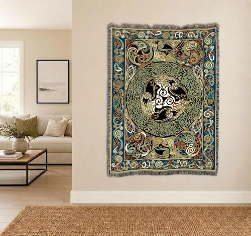 Vista 4 de Manta Morrigan Ravens de Jen Delyth, tapiz de regalo celta tejida de algodón, fabricada en los Estados Unidos (72 x 54 pulgadas)