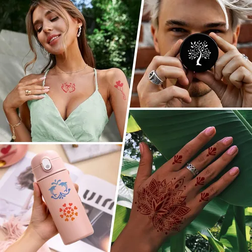 Vista 7 de Plantillas temporales de tatuaje para mujeres, niñas y niños, más de 410 piezas, kit de plantillas de tatuaje de henna, plantillas temporales