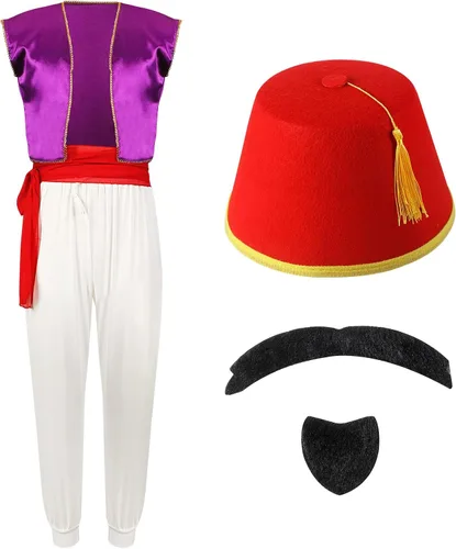 Vista 2 de Zhanmai Juego de 5 piezas de disfraz de príncipe árabe para hombre, chaleco morado, pantalones harén, sombrero de fieltro rojo Fez, banda y barba