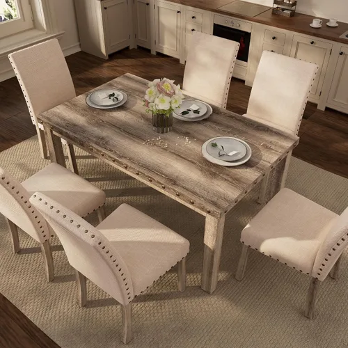 Vista 6 de Morden Fort Juego de mesa de comedor rústica para 6, sillas de comedor de cocina de granja para 6, encantadora mesa rectangular de madera de 60" y 6