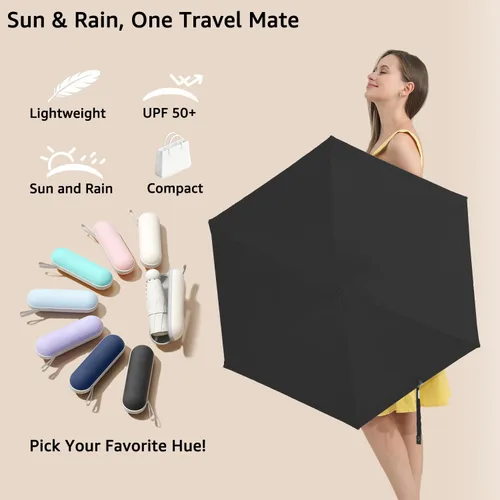 Vista 8 de BAODINI Travel Essentials - Mini paraguas para bolso con funda, protección solar UV, compacto, ligero, bolsillo pequeño, cierre manual, paraguas