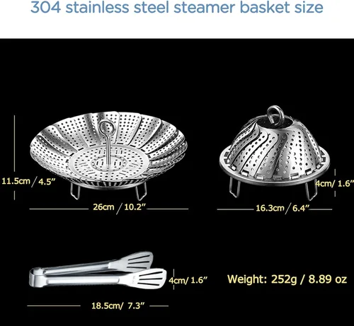 Vista 4 de Cesta de vapor de verduras de acero inoxidable 304, inserto expandible para cocinar, se adapta a ollas de 6.4 a 10.2 pulgadas, incluye pinzas