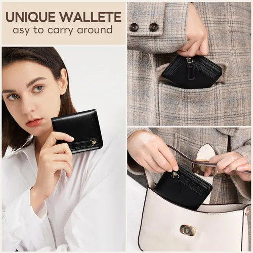 Vista 6 de Cartera pequeña para mujer, con bloqueo RFID, de cuero, plegable, compacta, tarjetero para mujer, con cremallera, bolsillo para monedas, ventana