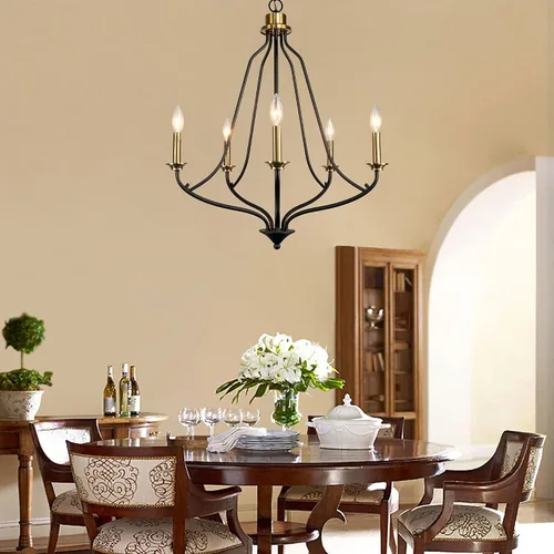 Vista 8 de Candelabro de 5 luces color negro mate y latón, 25 pulgadas, color dorado cepillado, iluminación colgante moderna para isla de cocina, comedor