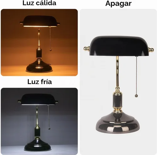 Vista 3 de FIRVRE Bankers - Lámpara de escritorio con interruptor de cadena de tracción con enchufe, lámparas de escritorio con pantalla de vidrio negro, base