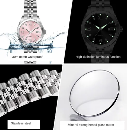 Vista 4 de Reloj de pulsera para mujer, reloj de cuarzo de acero inoxidable, luminoso, impermeable, reloj de negocios para mujer