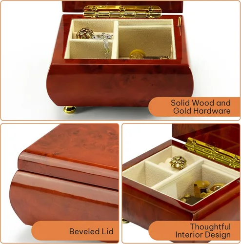 Vista 5 de MusicBoxAttic Joyero de madera con música, sencillez, estilo y sofisticación melódica en caoba maciza, organizador de joyas vintage con reproducción