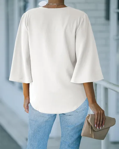 Vista 8 de Luvamia - Blusa informal de manga 34 con nudo y cuello en V para mujer, blusas unicolor con botones