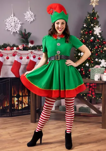 Vista 3 de Disfraz de elfo navideño para mujer y sombrero de elfo para mujer, Lima, rojo.