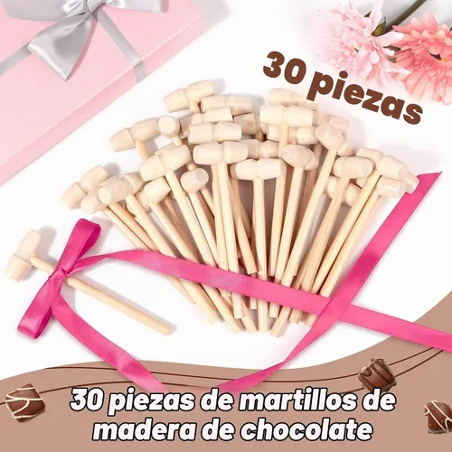 Vista 2 de Caffox Mini martillos de madera para chocolate, 30 mazos de madera pequeños para corazón de chocolate rompible, manualidades y accesorios de juego