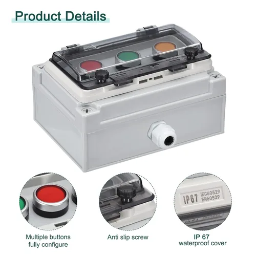 Vista 5 de MECCANIXITY IP67 botón de la caja ABS botón verde botón rojo botón amarillo botón para interior y exterior comunicación eléctrica equipo de fuego