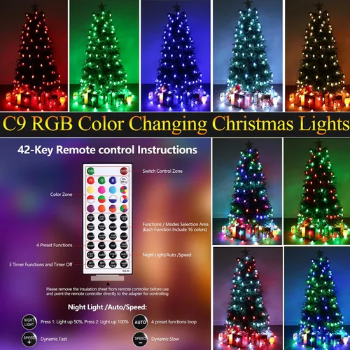 Vista 2 de iBaycon Luces de Navidad RGB C9, 65 pies, 100 luces LED que cambian de color, control remoto conectable, impermeable, al aire libre, cadena de luces
