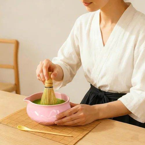 Vista 7 de Juego de 8 piezas de batidor de matcha con cuenco de cerámica, cuchara, descanso, tamiz, tapete de té, tarjeta de felicitación, soporte