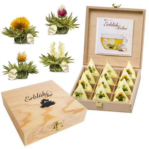 Vista 11 de Creano Abloom Tea - Set de regalo floreciente en caja de madera, 12 piezas en 3 variaciones, negro