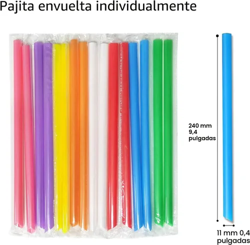 Vista 2 de 100 popotes jumbo para batidos, pajitas Boba, envueltas individualmente, varios colores, desechables, de plástico, grandes de boca ancha, para beber