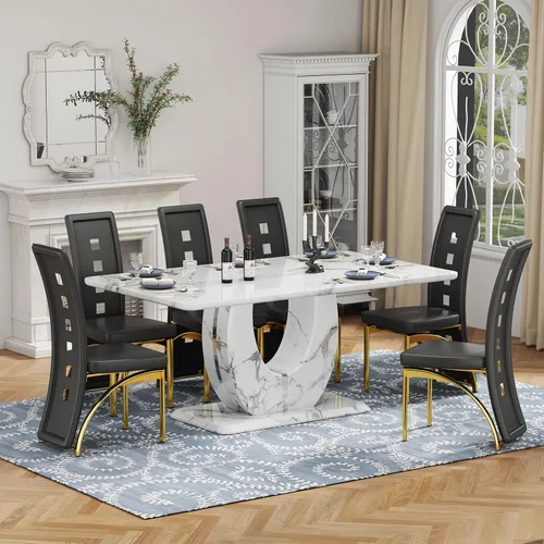Vista 30 de Moderno juego de mesa de comedor de mármol sintético para 4, mesa de cocina rectangular blanca de 63 pulgadas con elegante base de pedestal