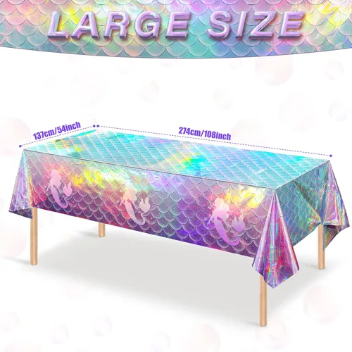 Vista 3 de 1 mantel de plástico iridiscente de sirena, manteles desechables con láser de sirenas, funda de mesa desechable para niñas, cumpleaños, bodas