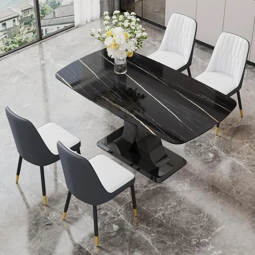 Vista 35 de Moderno juego de mesa de comedor para 4, mesa de vidrio de 63 pulgadas y base de MDF, mesa de comedor de mármol sintético negro con 4 sillas Mesa