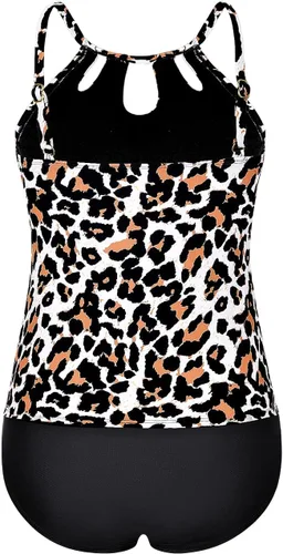 Vista 4 de Hilor Traje de baño tankini para mujer, cuello alto, dos piezas, traje de baño con agujero de cerradura, tankini con pantalones cortos