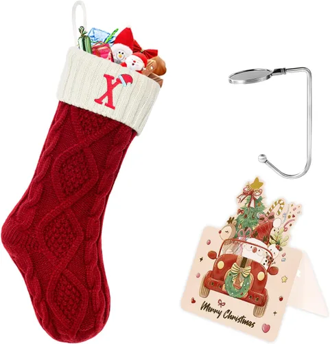 Vista 153 de Calcetines de Navidad con inicial A, 20 pulgadas, con iniciales bordadas para la familia, calcetín navideño tejido personalizado con monograma