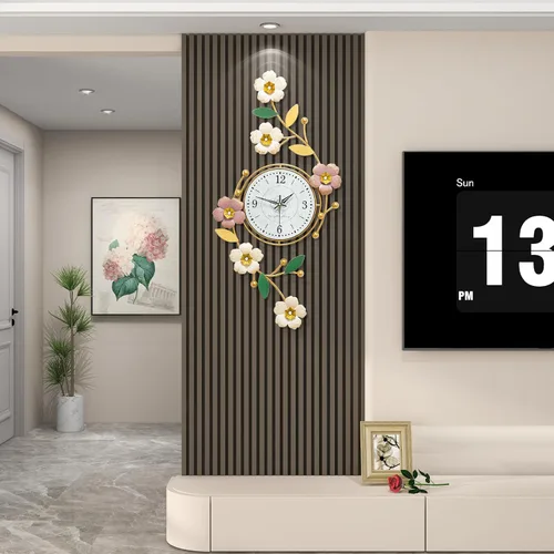 Vista 2 de FLEBLE Reloj de pared grande para decoración de sala de estar, moderno reloj de pared decorativo de flores de metal 3D, silencioso, sin tictac