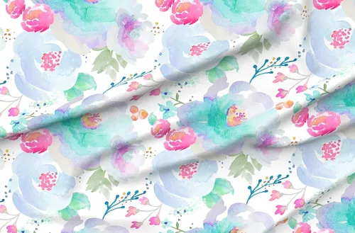 Vista 4 de Spoonflower Tela – Floración floral azul púrpura rosa acuarela floral estampado en tela de gasa cuarto gordo – costura moda vestidos decoración