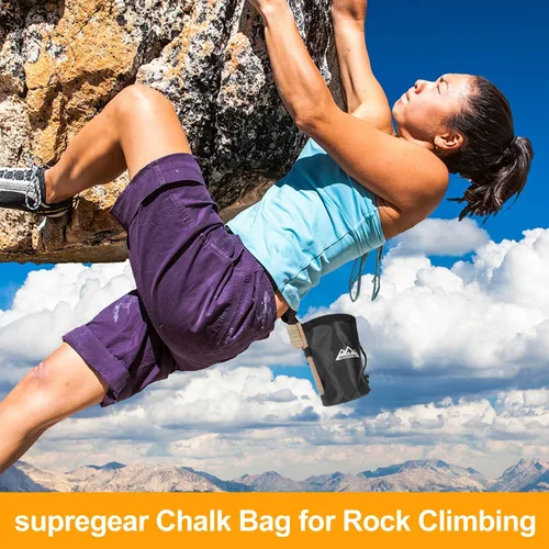 Vista 8 de supregear Bolsa de tiza para escalada en roca, bolsillo grande con cremallera con soporte para cepillo, cierre de cordón y clip de mosquetón, ideal