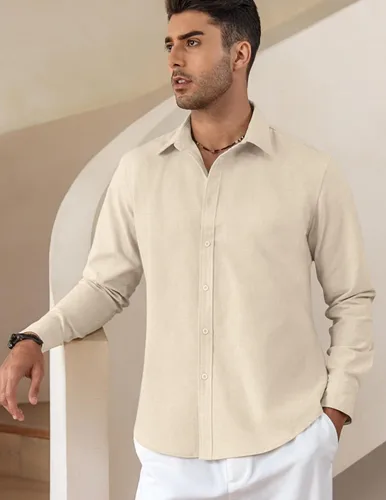Vista 2 de COOFANDY Camisas de lino de manga larga con botones para hombre