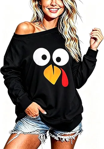 Vista 21 de Sudadera holgada de manga larga con hombros descubiertos para mujer de Halloween Gorro de Navidad negro