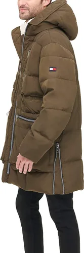 Vista 6 de Tommy Hilfiger Parka pesada acolchada con capucha Sherpa para hombre, Blanco Verde militar