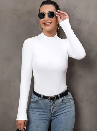 Vista 2 de UNTYHOTS Body de manga larga con cuello alto falso para mujer, camisas y tops