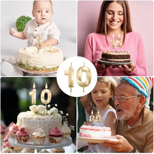 Vista 7 de Velas de 10º cumpleaños de oro champán - Velas de 10 números para decoración de pasteles