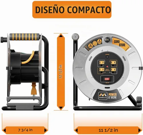 Vista 6 de Masterplug Carrete de cable de 1 pie, tambor de cable de metal, cable de extensión retráctil con mango de bobinado, disyuntor de sobrecarga